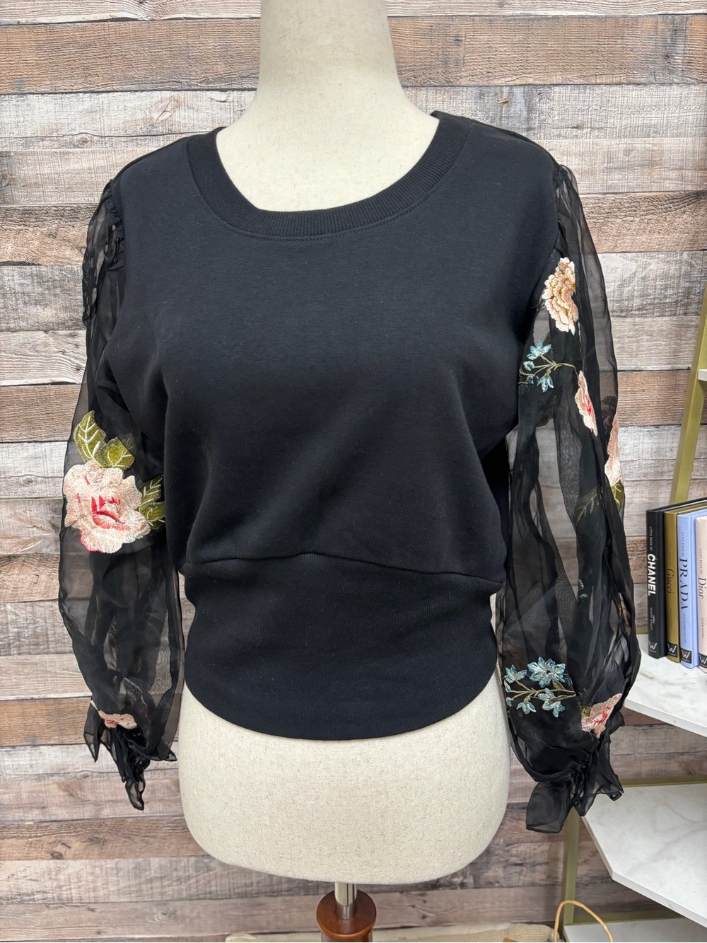 Anthropologie Black Floral Sleeve Sweatshirt Made Mesh Sleeve Pink Flowers